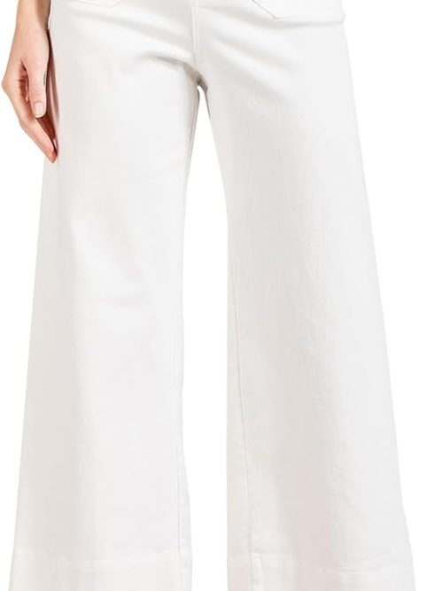 Womens High Waisted Cropped Wide Leg Stretchy Straight Pants Trousers with Pockets