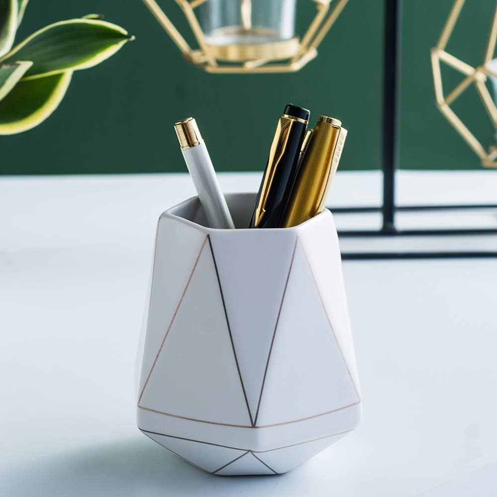 White Ceramic Gold Line Pen Cup - Image 2