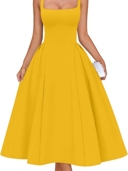 Women's Elegant Square Neck Swing A Line Wedding Evening Party Midi Dress
