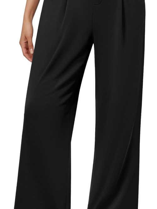 Wide Leg Dress Pants for Women, Pull on Elastic Stretchy Work Pants High Waisted Casual Slacks with Pockets