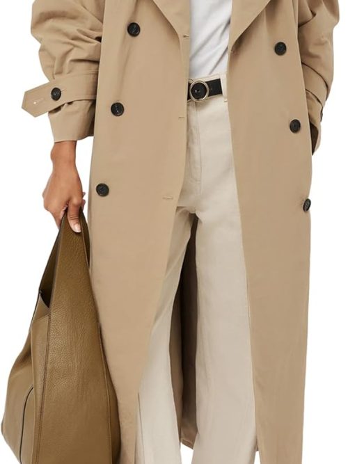 Womens Oversized Long Trench Coat Double Breasted Lapel Windproof Overcoat with Belt