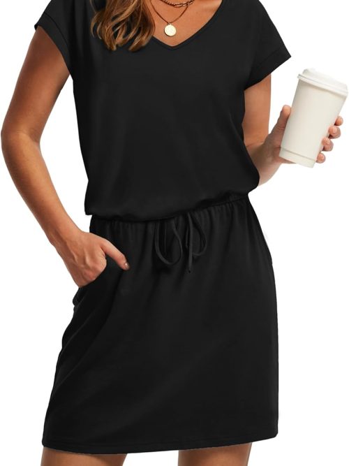 Summer Dresses for Women 2026 V Neck T Shirt Casual Mini Dresses Tie Waist Sundresses with Pockets