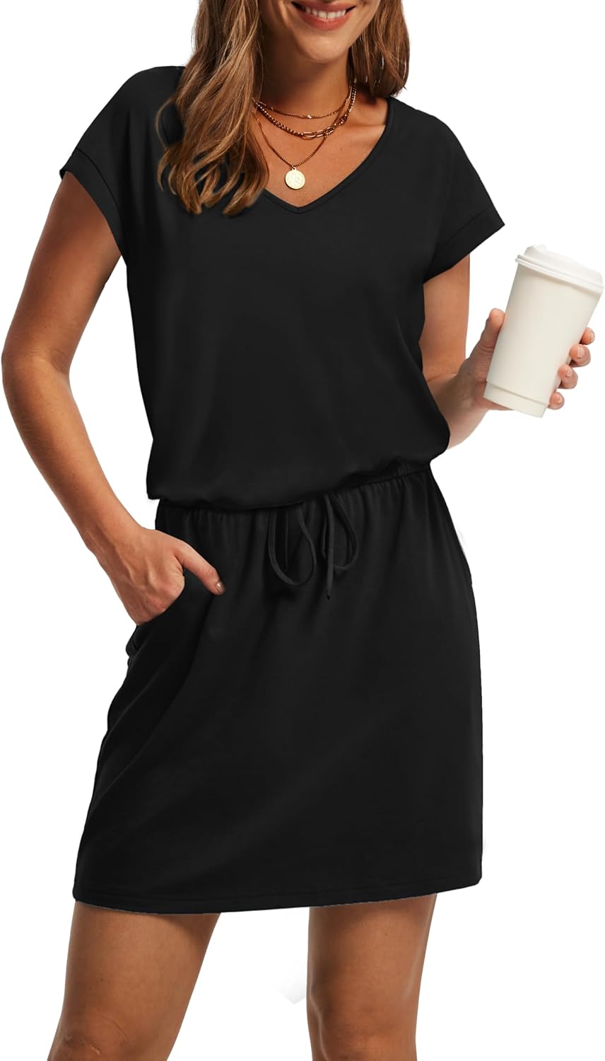 Summer Dresses for Women 2026 V Neck T Shirt Casual Mini Dresses Tie Waist Sundresses with Pockets