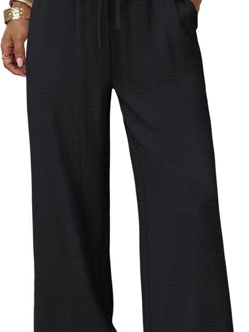 Wide Leg Pants for Women Flowy Palazzo Drawstring Elastic Waist Trousers with Pockets Summer Beach Vacation Clothes