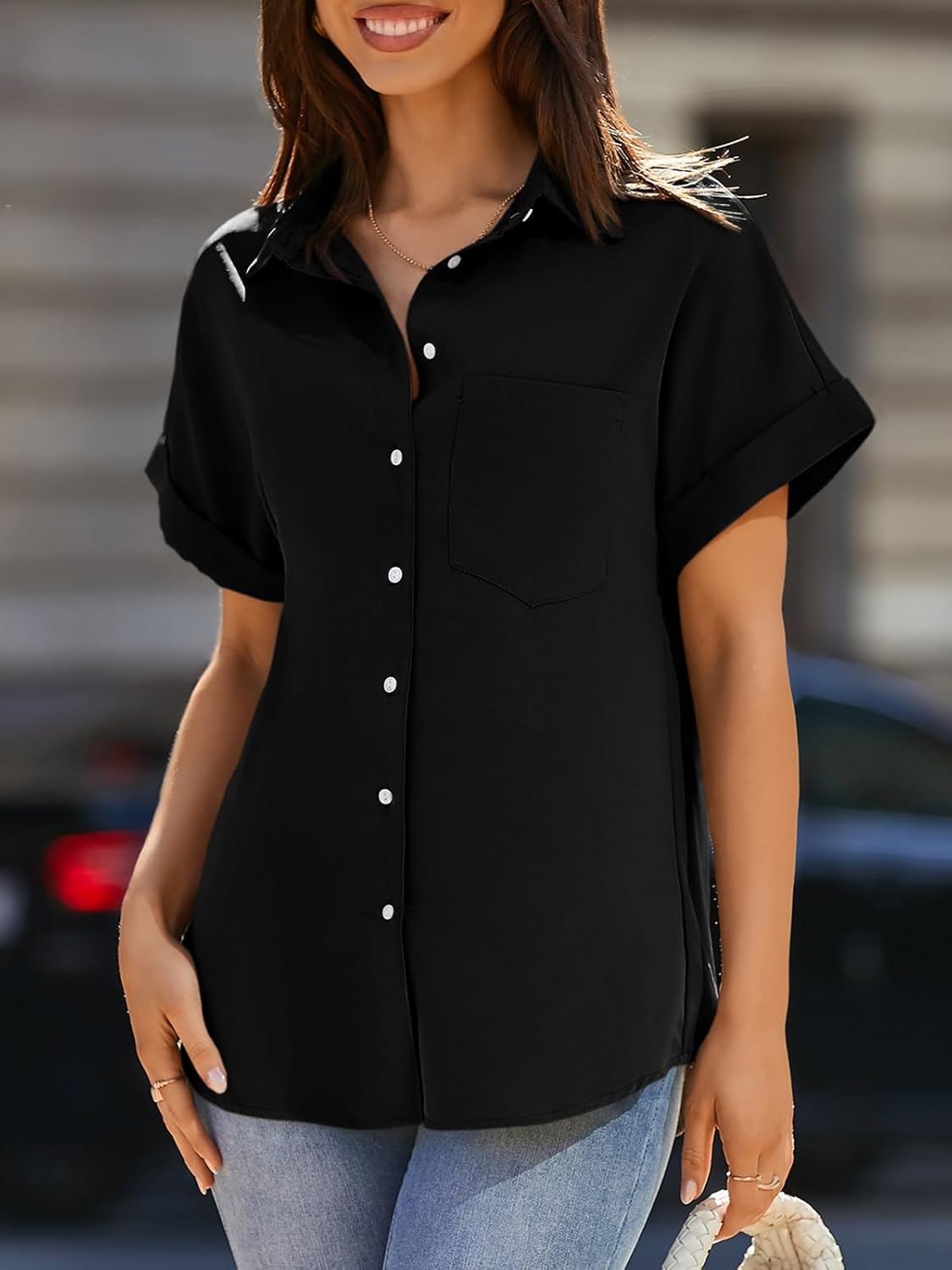 Womens Short Sleeve Shirts V Neck Collared Button Down Shirt Tops with Pockets - Image 2