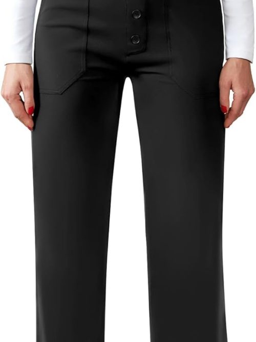 Womens Casual High Waist Straight Leg Pants Stretchy Button Business Dress Work Pocket Trousers