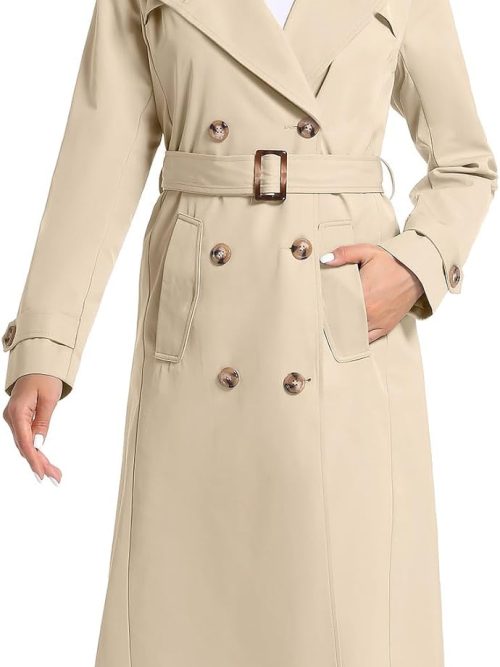 Women's Waterproof Long Trench Coat Double Breasted Length Classic Lapel Belt Coat With Removable Hood