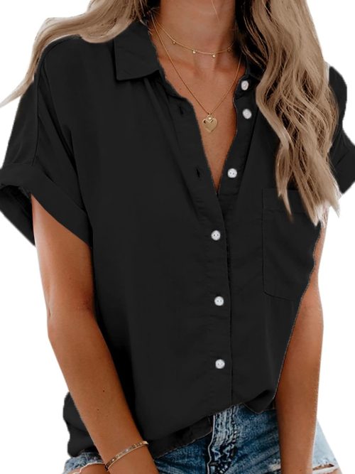 Womens Short Sleeve Shirts V Neck Collared Button Down Shirt Tops with Pockets