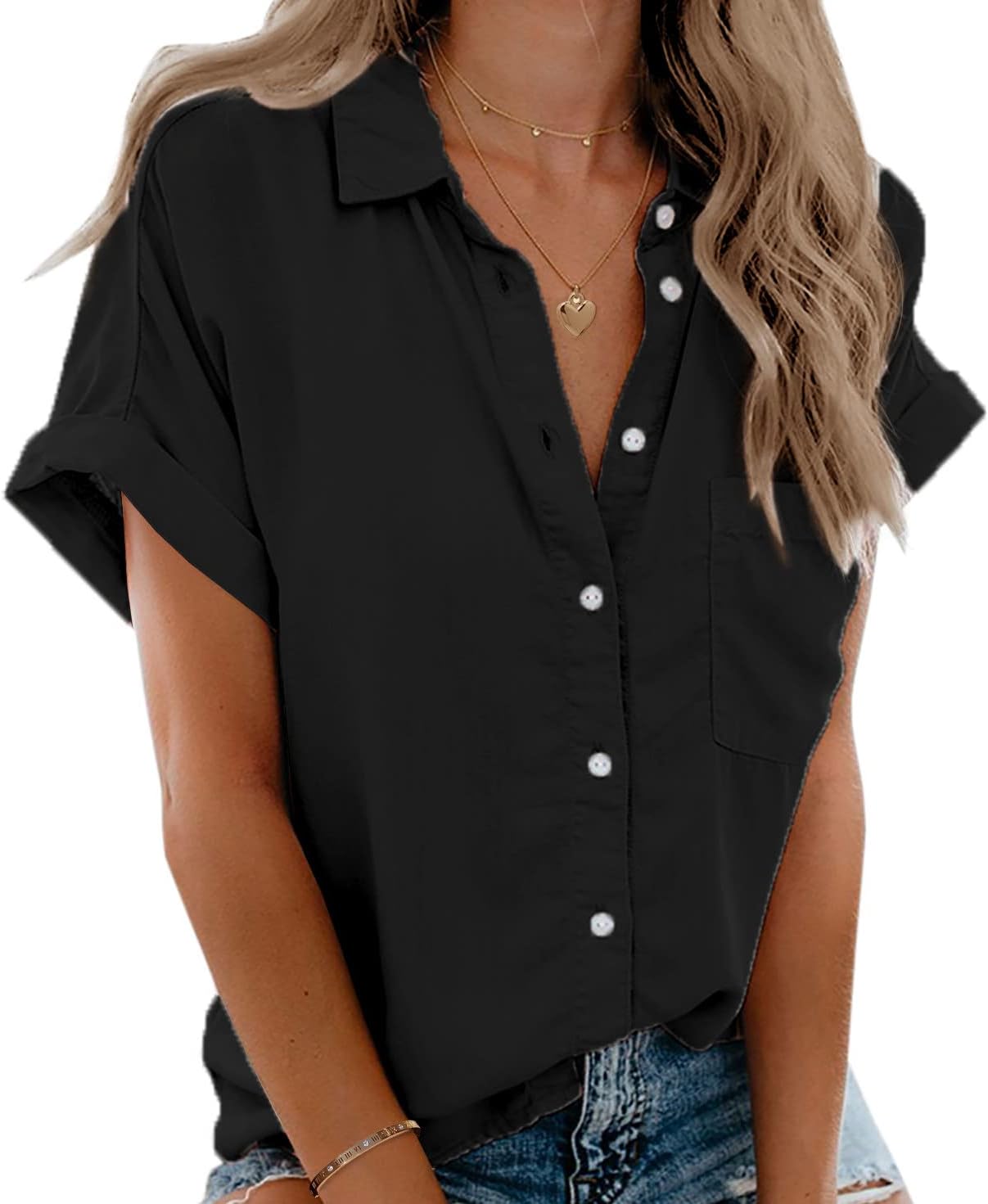 Womens Short Sleeve Shirts V Neck Collared Button Down Shirt Tops with Pockets