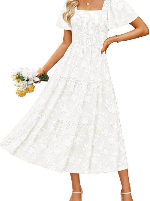 Women‘s Summer Boho Floral Midi Dress 2026 Casual Short Sleeve Square Neck Flowy Beach Vacation Long Dress