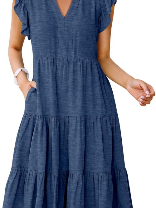 Womens Summer Dress Ruffle Sleeve V Neck Midi Dresses Fashion Casual Fit Flowy Tiered Boho Beach Vacation Sundress