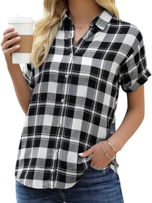 Women's Plaid Short Sleeve Button Down Shirt Casual Summer Blouses Tops