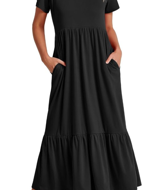 Womens 2026 Summer Casual Maxi Dress A line Tiered Flowy Short Sleeve Crewneck T Shirt Beach Travel Long Dresses