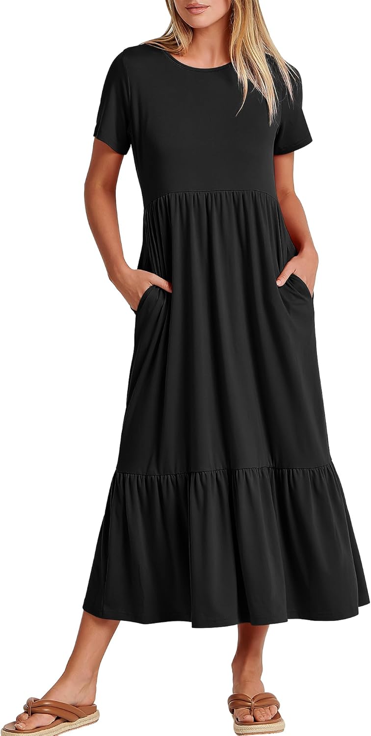 Womens 2026 Summer Casual Maxi Dress A line Tiered Flowy Short Sleeve Crewneck T Shirt Beach Travel Long Dresses