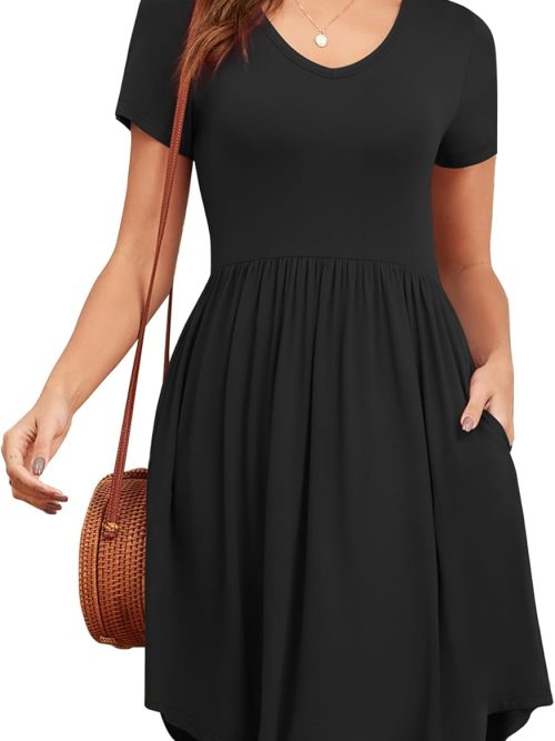 Women's 2026 Summer Short Sleeve Dresses Casual Loose Fit Swing T Shirt Dress V Neck Sundress with Pockets