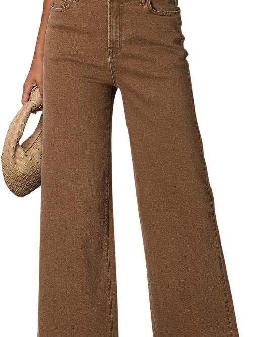 Women's Casual High Waisted Jeans Stretch Button Wide Leg Loose Denim Pants with Pockets