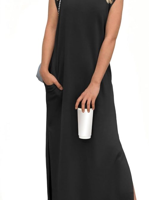 2026 Women Year-Round Casual Round Neck Loose Split Wrinkle-Free Long Maxi Vacation Dress with Pockets