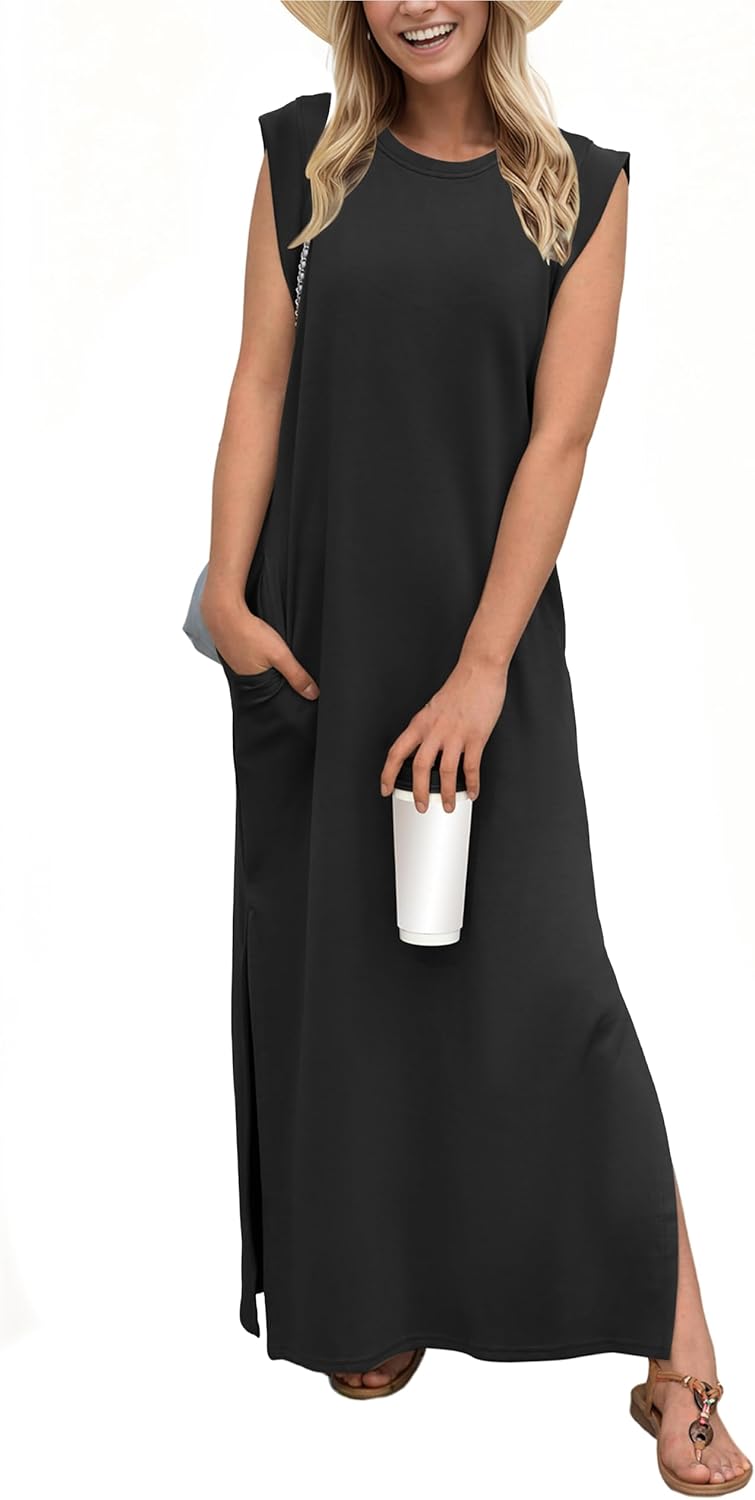2026 Women Year-Round Casual Round Neck Loose Split Wrinkle-Free Long Maxi Vacation Dress with Pockets