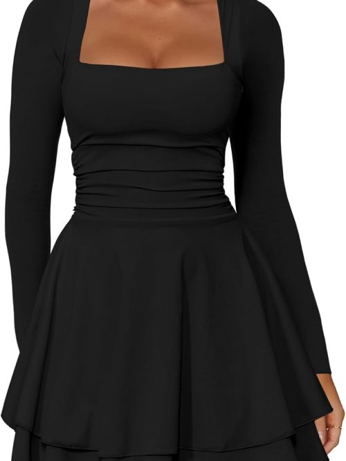 Women's Square Neck Ruffle Hem Mini Dress Ruched Waist Long Sleeve Corset Short Party Dresses