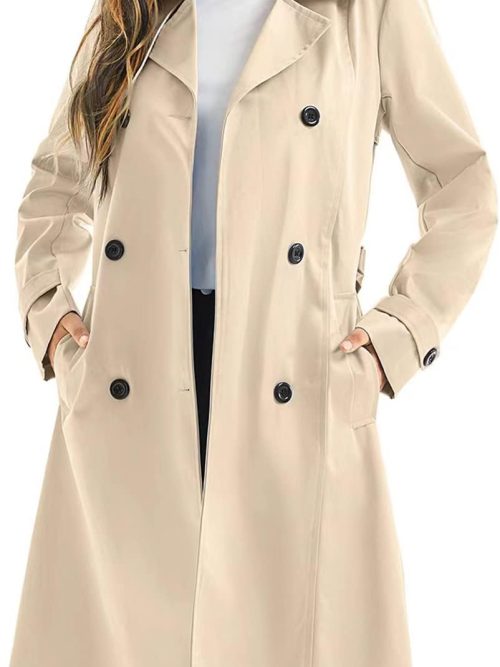 Women's Waterproof Trench Coat Long Double Breasted Windbreaker Classic Belted Lapel Overcoat with Removable Hood