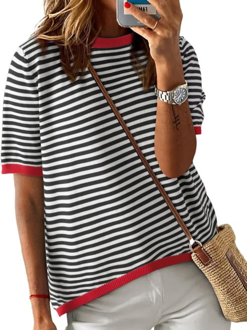 Womens Tops 2026 Casual Summer Crewneck Short Sleeve Striped Color Block Knit High Low Trendy Pullover Sweaters