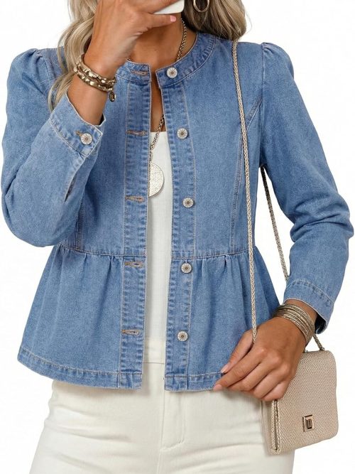 Cropped Jean Jacket Women Button Down Long Sleeve Collarless Cinched Waist Denim Jackets
