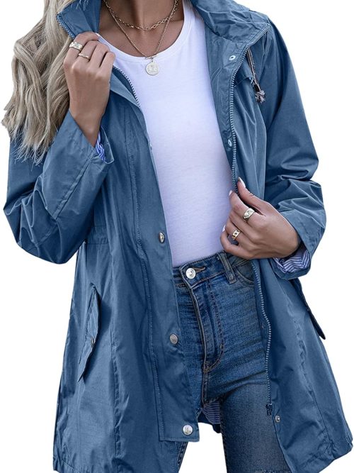 Rain Jacket Women Striped Lined Hooded Lightweight Raincoat Outdoor Waterproof Windbreaker
