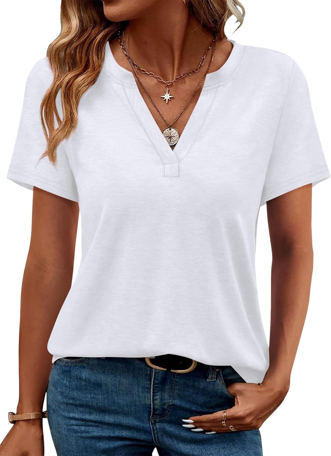Womens Tops Summer Short Sleeve V Neck Blouses Business Casual Loose Fit Tshirts Trendy Fashion Outfits - Image 2