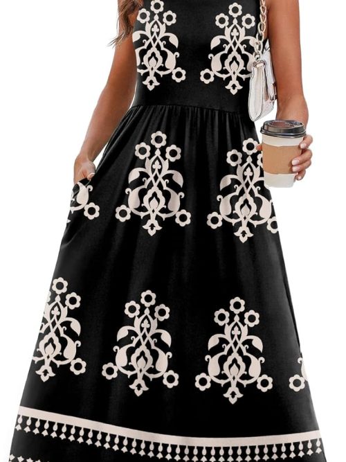 Summer Dresses for Women Flowy Casual Midi Dress Beach Vacation Sundresses with Pockets