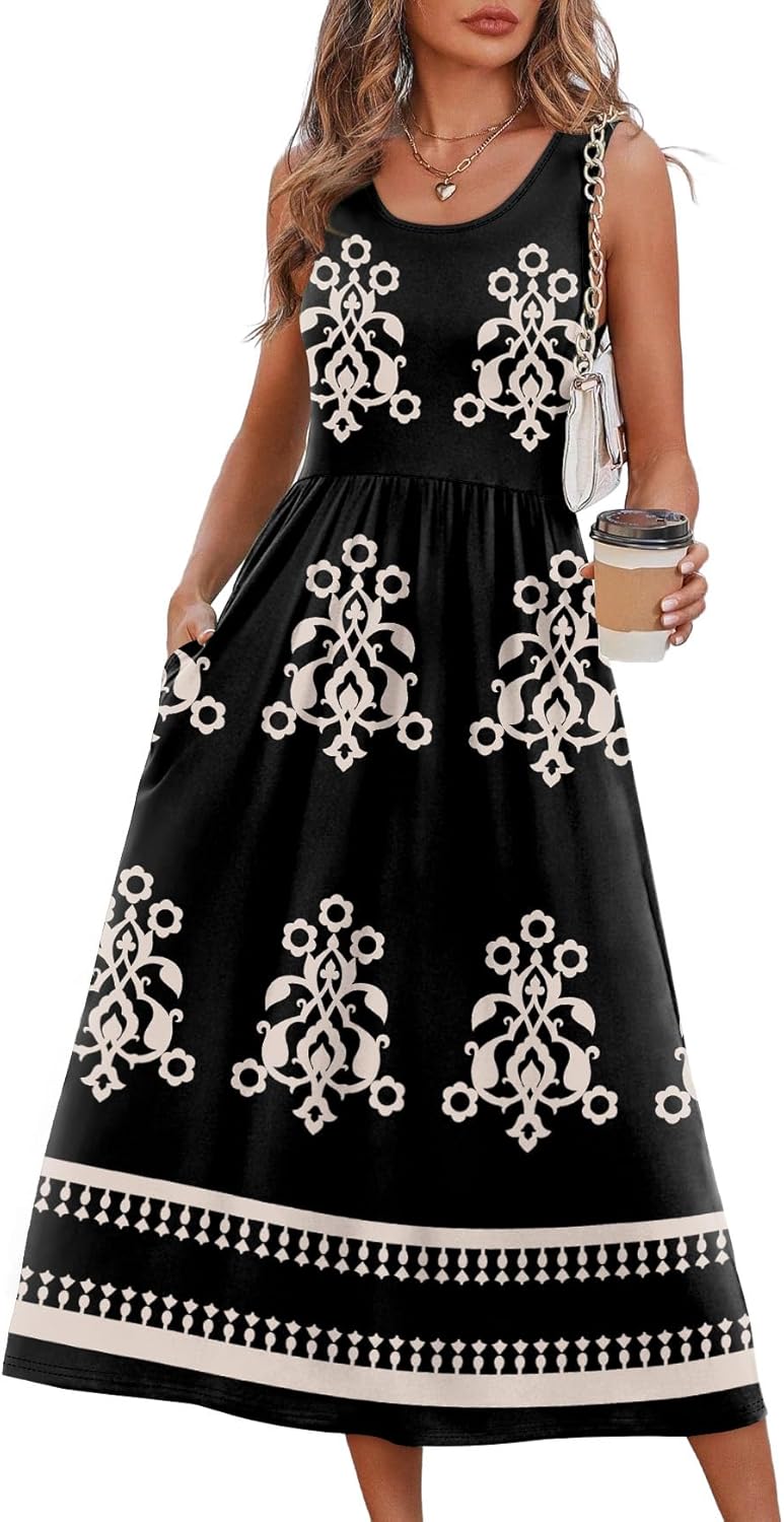 Summer Dresses for Women Flowy Casual Midi Dress Beach Vacation Sundresses with Pockets