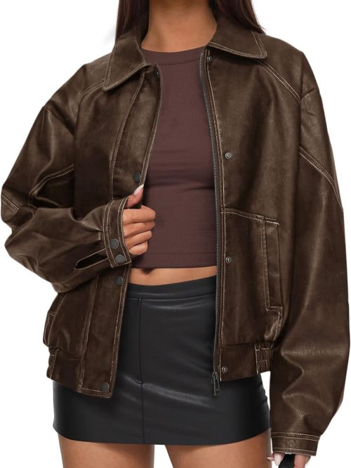 Faux Leather Jacket Women Bomber Motorcycle Zip Up Jackets Oversized Fall Fashion Outfits 2026 Winter Coats