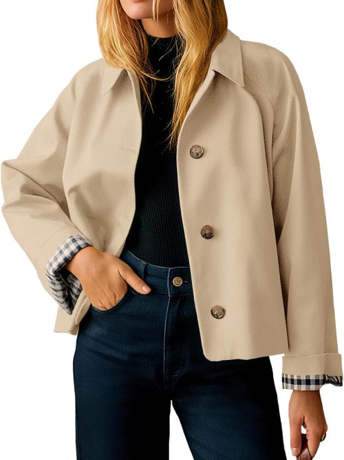 Womens Cropped Trench Coat Lightweight Single Breasted Jacket Fall Windbreaker Fashion Outerwear