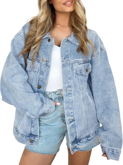 Women's Oversized Jeans Jacket, Classic Button Down Denim Jacket with Chest Pockets, Loose Fit Boyfriend Style Coat