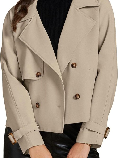Cropped Trench Coat for Women Long Sleeve Double Breasted Notched Lapel Casual Loose Fit Jackets with Pockets