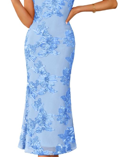 Women's Summer Strapless Floral Midi Dress 2026 Bodycon Mesh Tube Wedding Guest Cocktail Party Formal Dresses