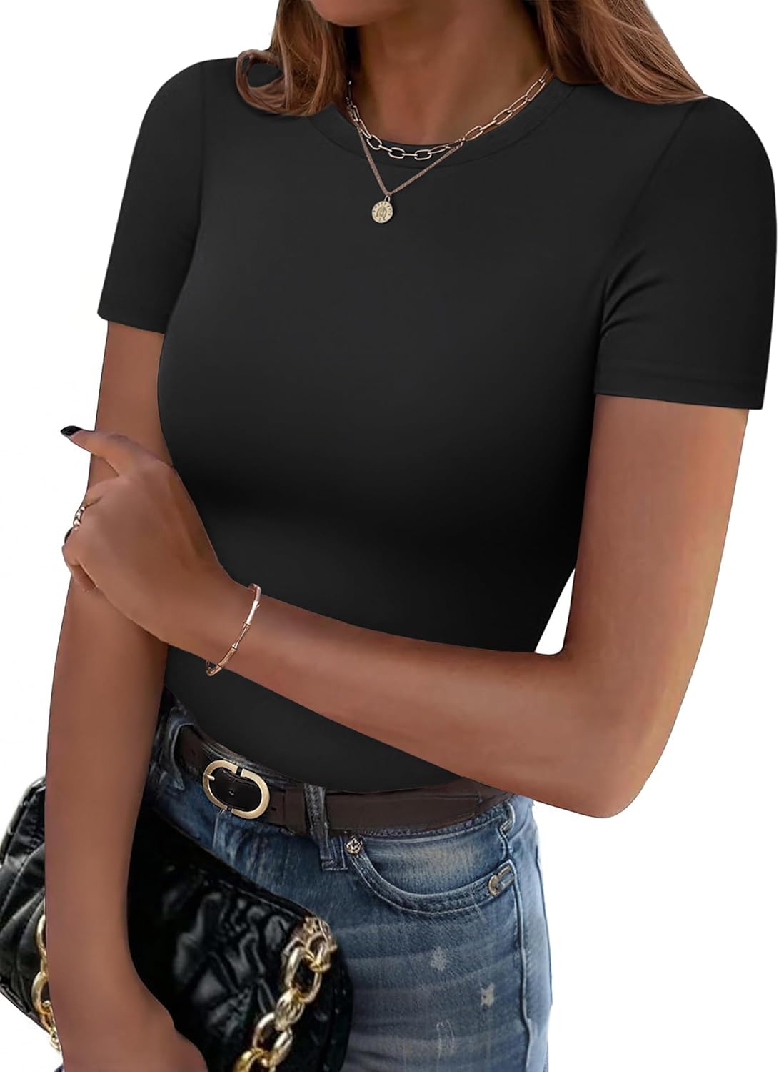 Women Crewneck Slim Fitted Short Sleeve T Shirts Cute Stretchy Bodycon Basic Tee Tops - Image 2