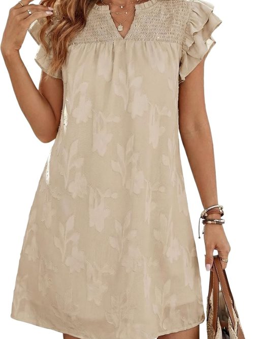 Womens Summer Dresses 2026 Ruffle Short Sleeve Casual V Neck Smocked Floral Burnout Mini Dress Sundress