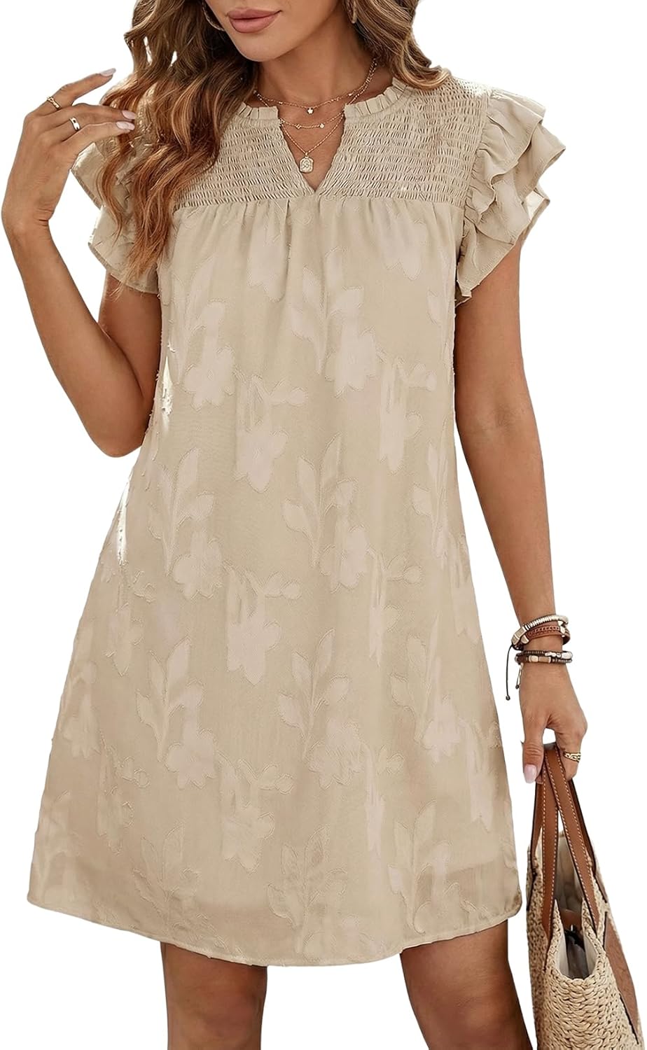 Womens Summer Dresses 2026 Ruffle Short Sleeve Casual V Neck Smocked Floral Burnout Mini Dress Sundress