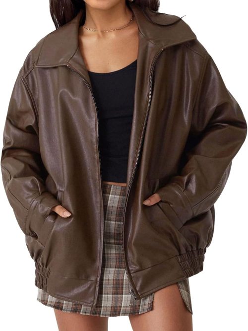 Women's Oversized Faux Leather Jacket - Fall Motorcycle Style Coat with Zipper Closure