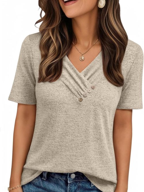 Womens Short Sleeve Tunic Top Spring Summer V Neck Button Shirts 2026 Dressy Casual Business Blouses