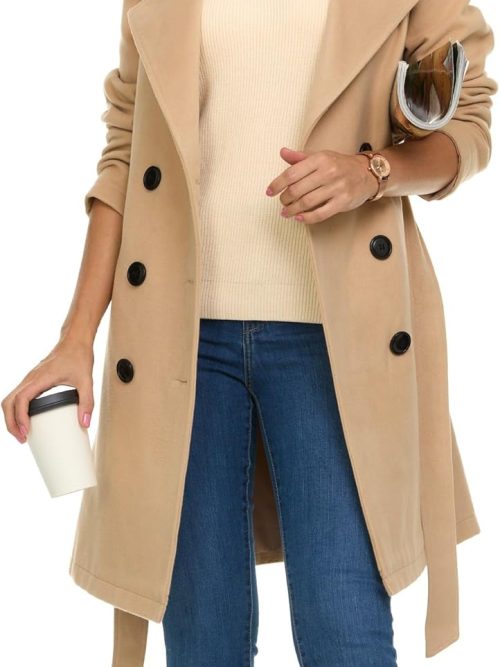 Trench Coat for Women – Double-Breasted Long Winter Faux Wool Coat