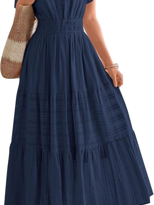 Womens Summer 2026 Casual Midi Maxi Dresses Lightweight Short Sleeve V Neck Elastic Waist Boho Beach Dress Pockets