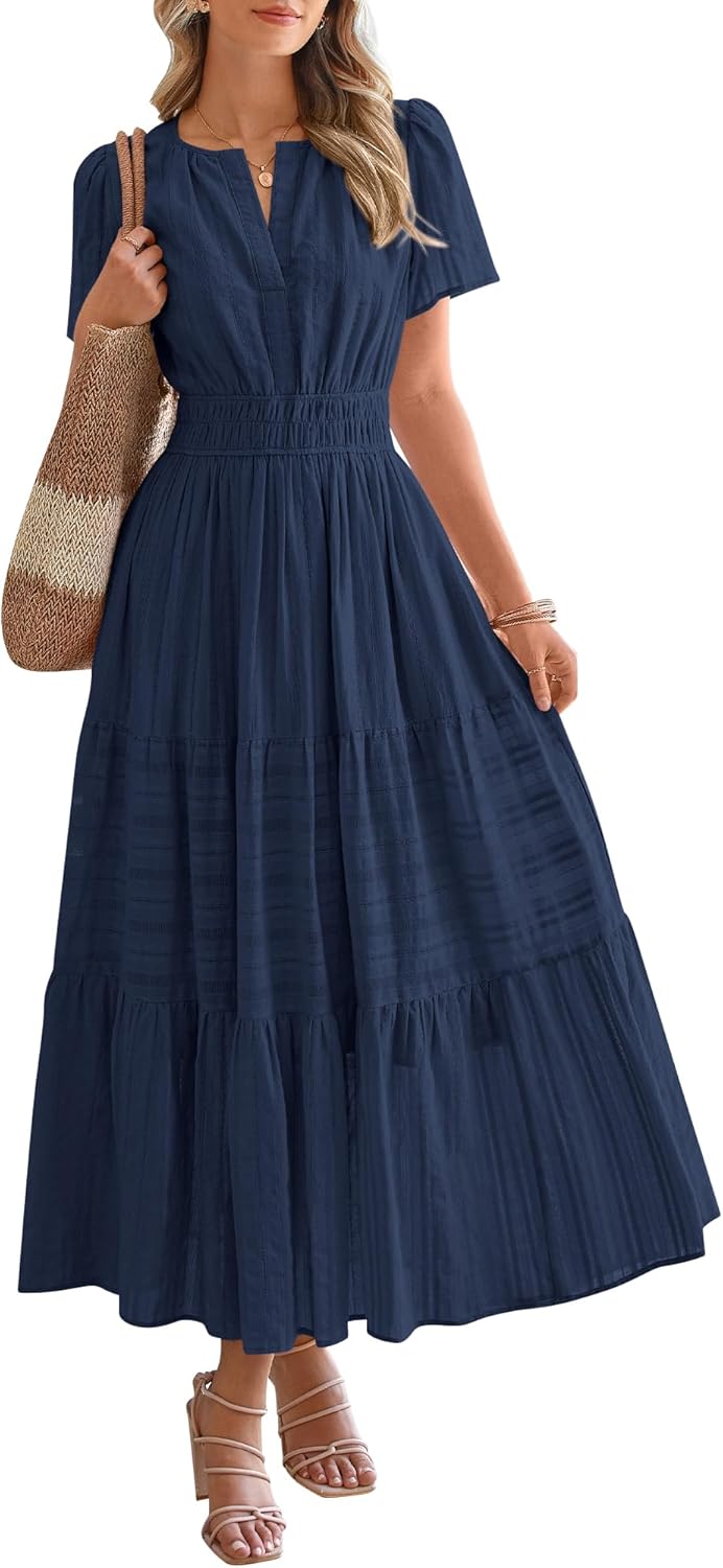 Womens Summer 2026 Casual Midi Maxi Dresses Lightweight Short Sleeve V Neck Elastic Waist Boho Beach Dress Pockets