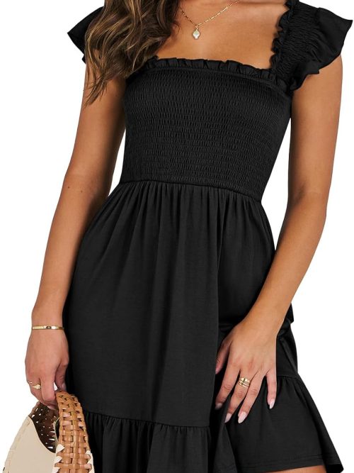 Women's Summer Casual Sleeveless Square Neck Dress 2026 Smocked Ruffle Backless Boho Beach Cute Teen Short Sundress