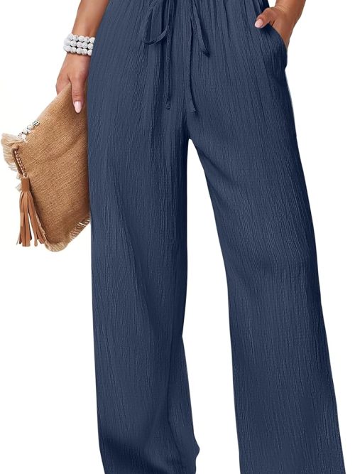 Women's Wide Leg Beach Pants Elastic Waist Lightweight Casual Flowy Palazzo Lounge Trousers with Pockets