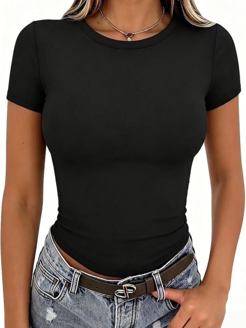 Women Crewneck Slim Fitted Short Sleeve T Shirts Cute Stretchy Bodycon Basic Tee Tops