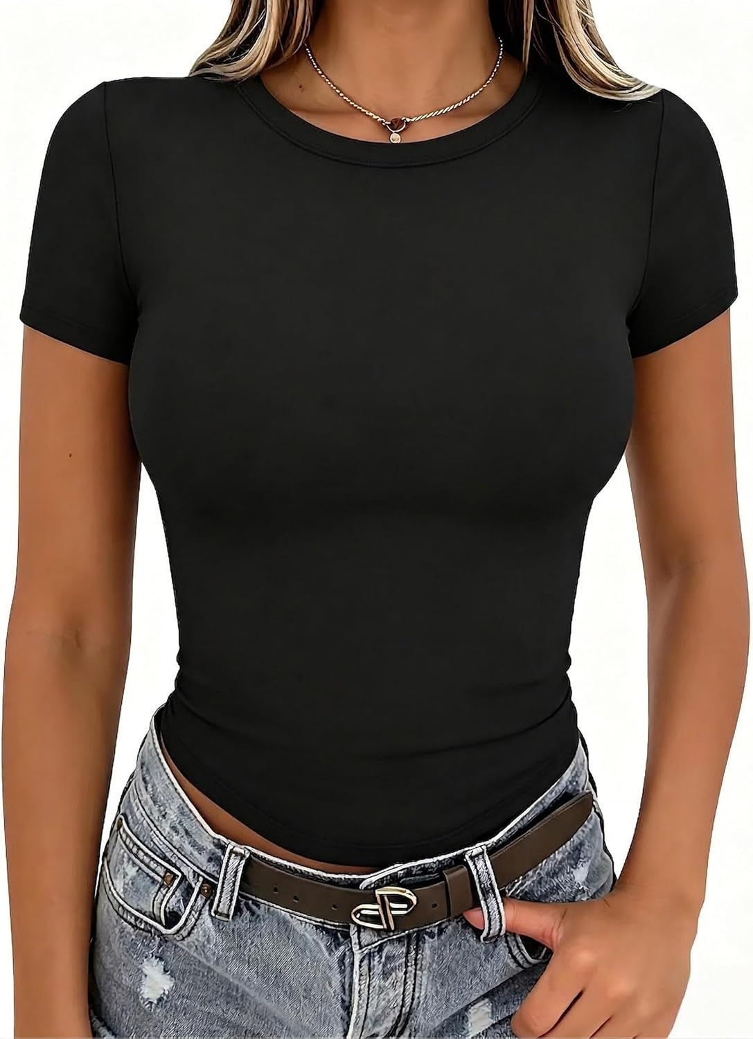 Women Crewneck Slim Fitted Short Sleeve T Shirts Cute Stretchy Bodycon Basic Tee Tops