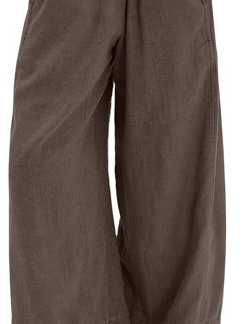 Women's Wide Leg Linen Pants Summer Boho Casual Elastic Waist Long Lounge Travel Pants Trousers with Pockets