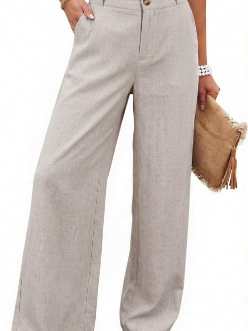 Womens Cotton Linen Pants Casual Button Up High Waisted Wide Leg Trousers