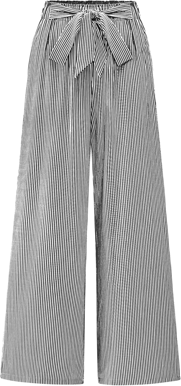 Pants for Women 2026 Spring Clothes Striped High Waist Tie Knot Dressy Casual Wide Leg Palazzo Work Trousers Pants